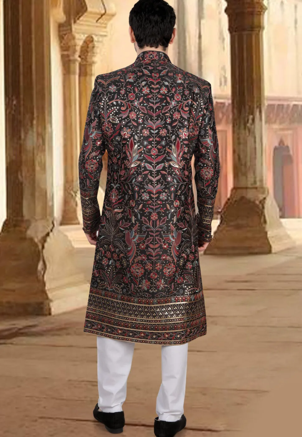 Embroidered Art Silk Sherwani in Black