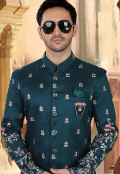 Embroidered Art Silk Sherwani in Teal Blue