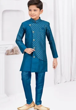 Embroidered Art Silk Sherwani in Teal Blue