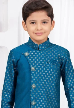 Embroidered Art Silk Sherwani in Teal Blue