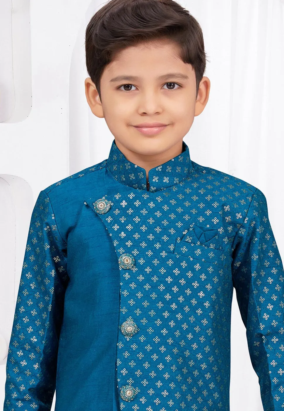 Embroidered Art Silk Sherwani in Teal Blue