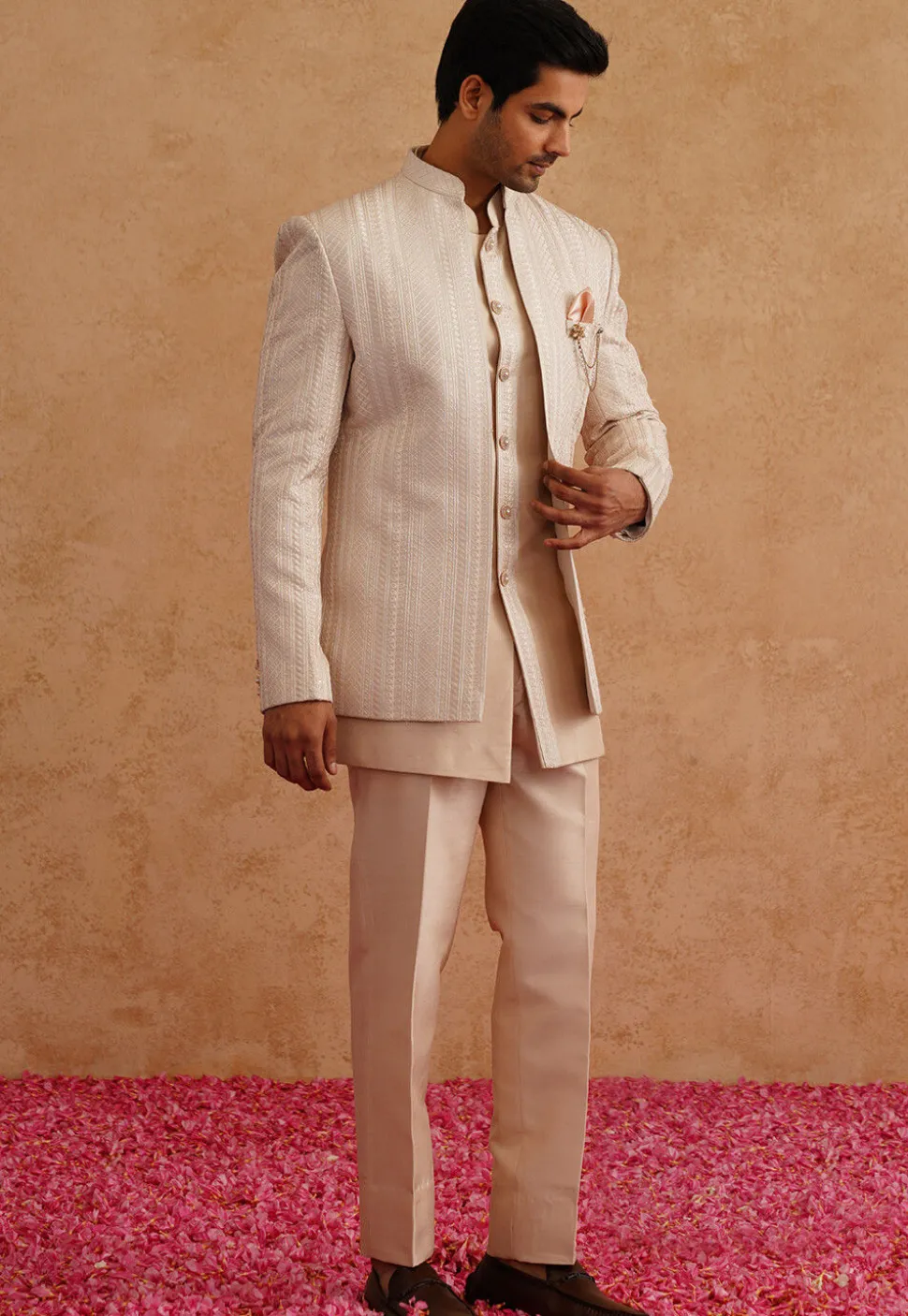 Embroidered Art Silk Sherwani in Light Beige