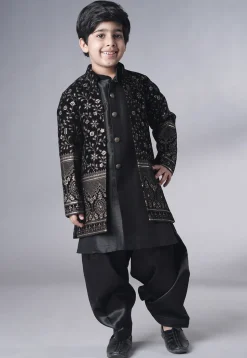 Embroidered Art Silk Sherwani Set in Black
