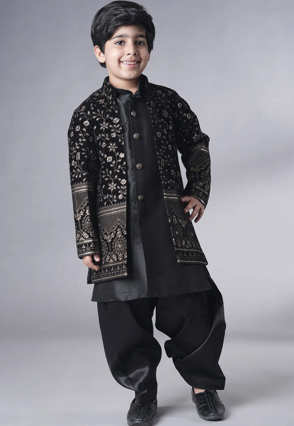Embroidered Art Silk Sherwani Set in Black