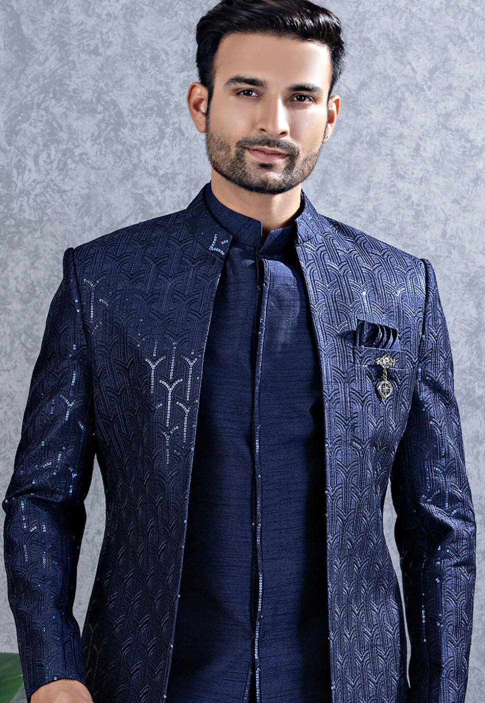 Embroidered Art Silk Sherwani in Navy Blue