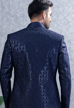 Embroidered Art Silk Sherwani in Navy Blue