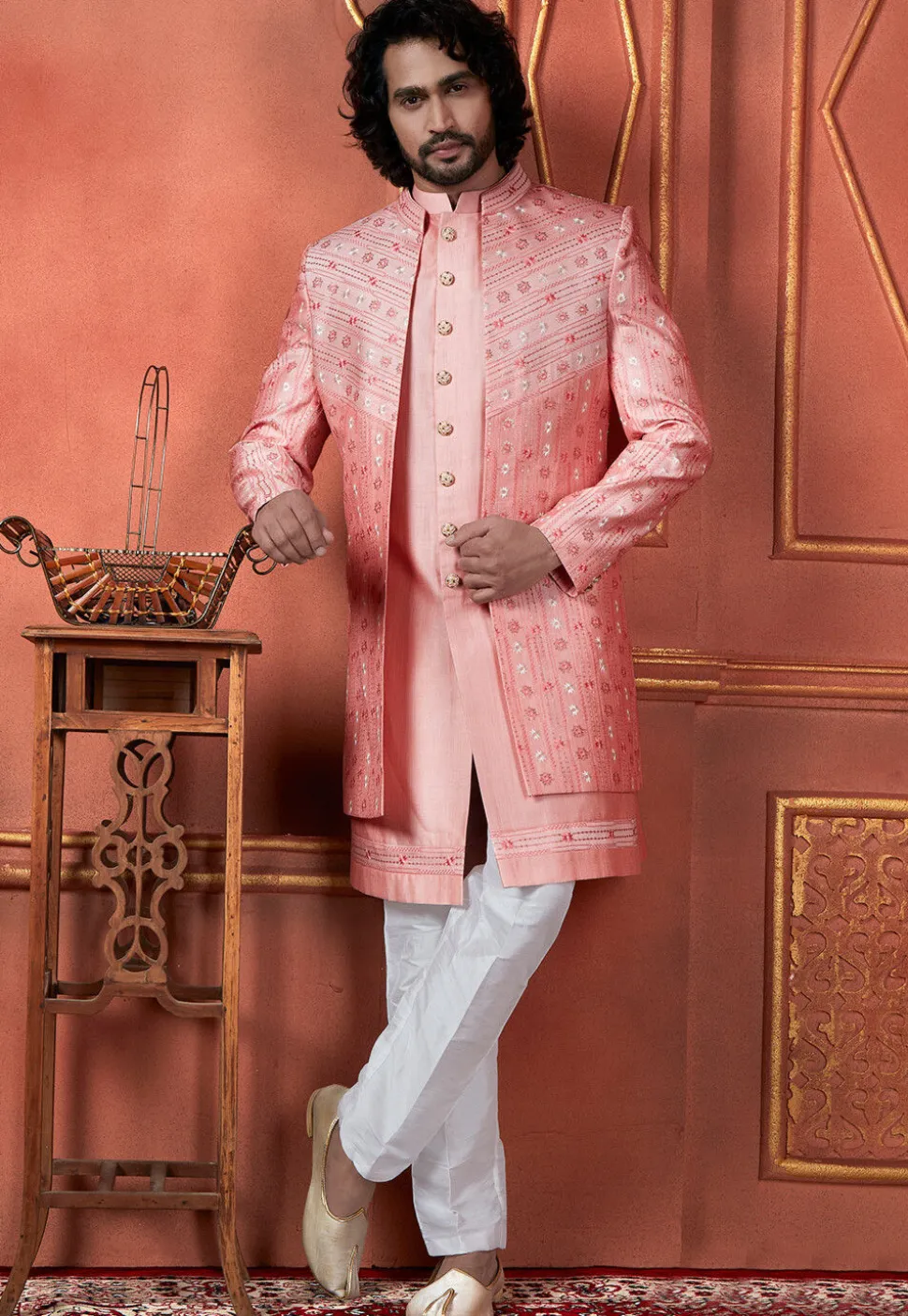 Embroidered Art Silk Sherwani in Peach