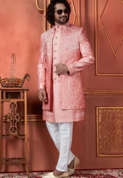 Embroidered Art Silk Sherwani in Peach