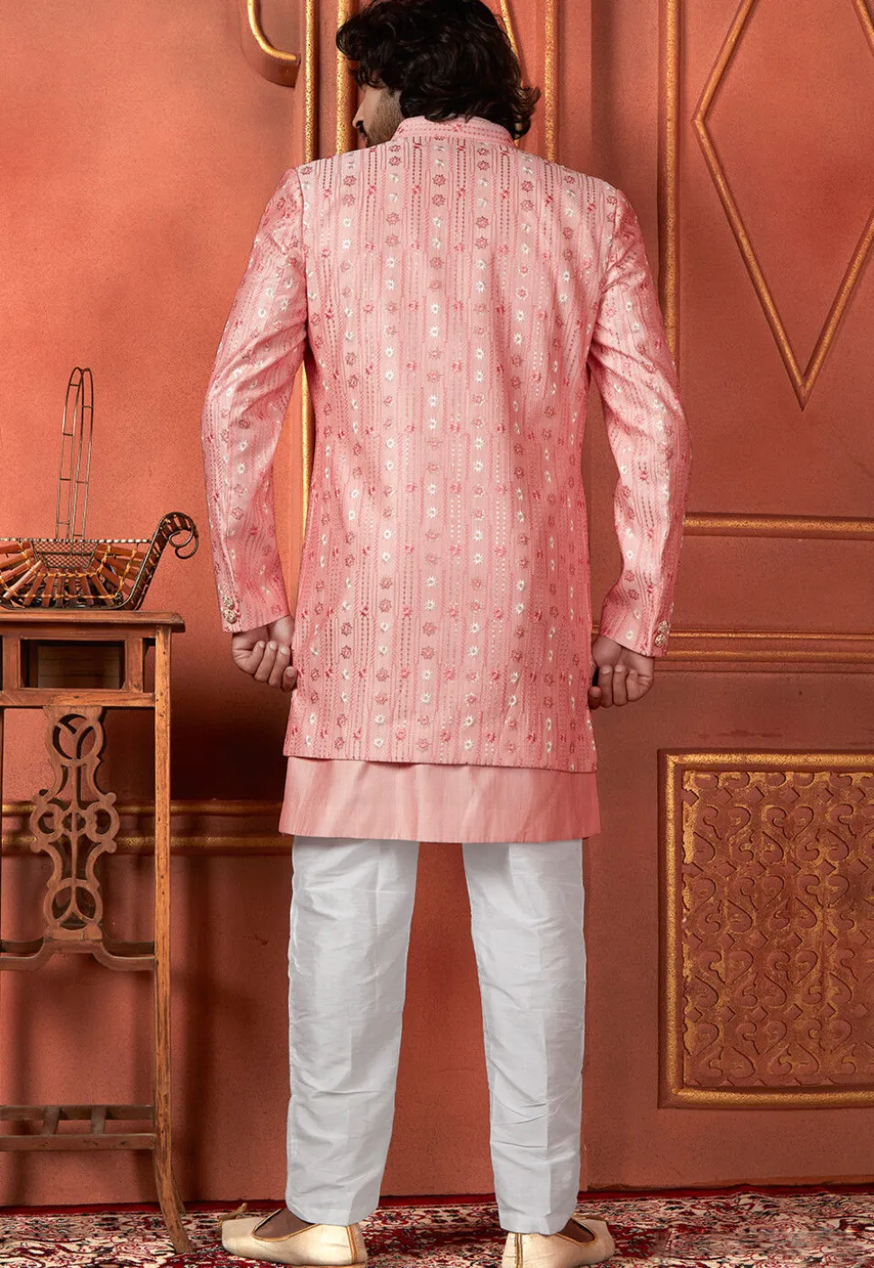 Embroidered Art Silk Sherwani in Peach