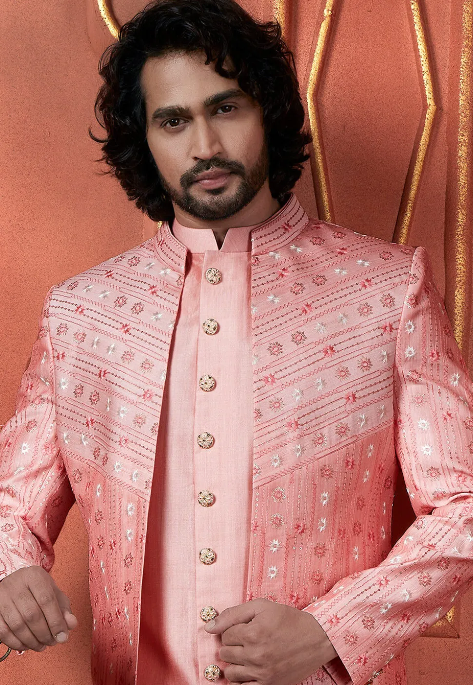 Embroidered Art Silk Sherwani in Peach