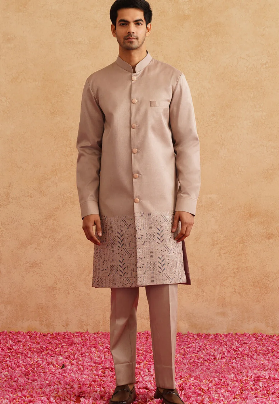 Embroidered Art Silk Sherwani in Beige