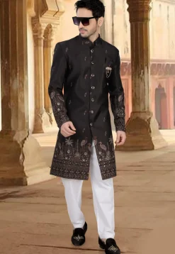 Embroidered Art Silk Sherwani in Black
