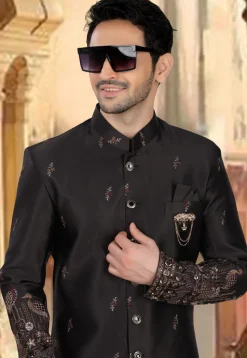 Embroidered Art Silk Sherwani in Black