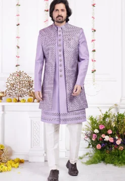 Embroidered Art Silk Sherwani in Purple