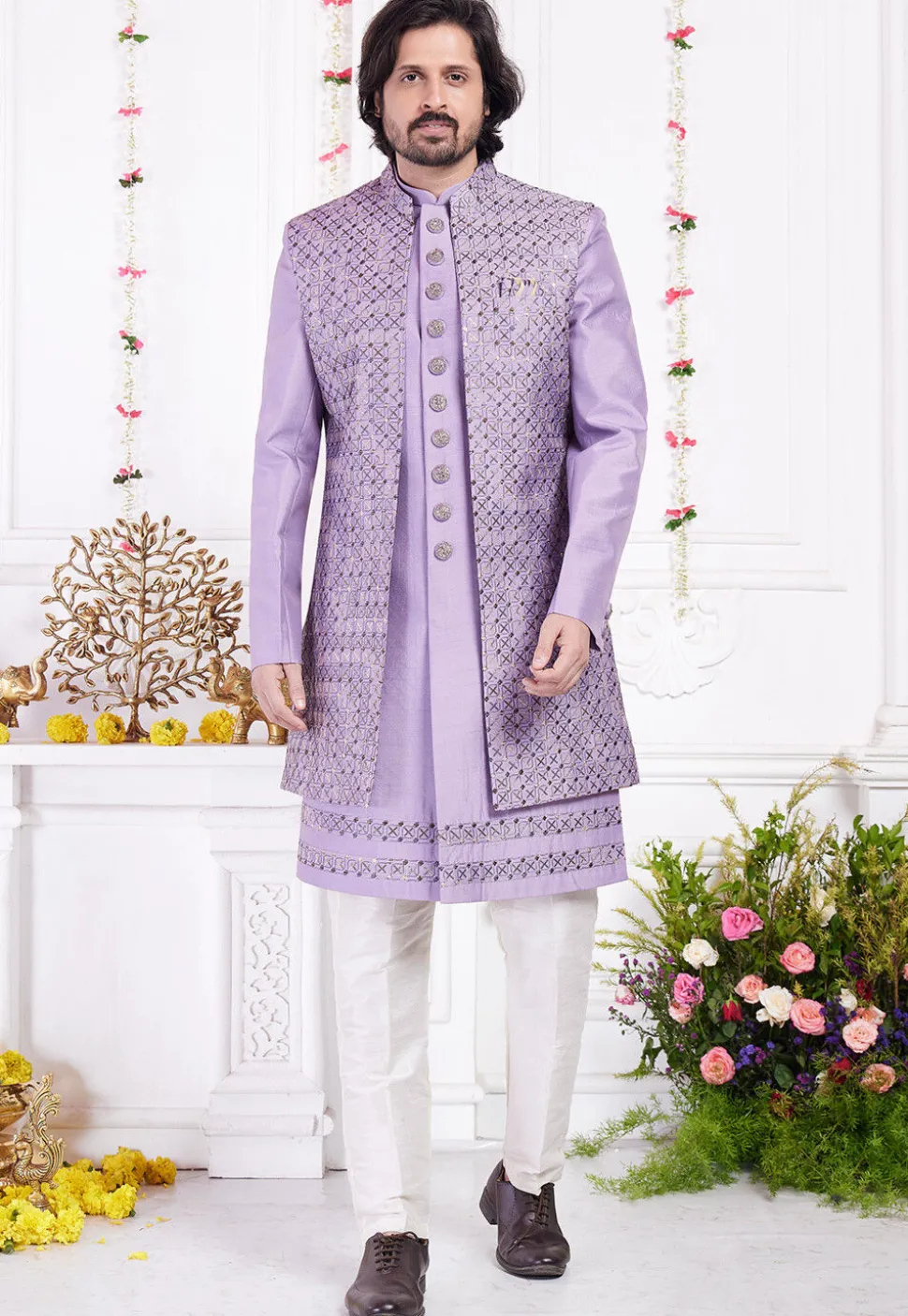 Embroidered Art Silk Sherwani in Purple