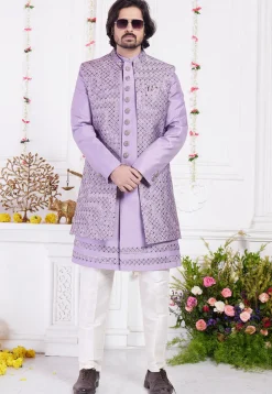 Embroidered Art Silk Sherwani in Purple