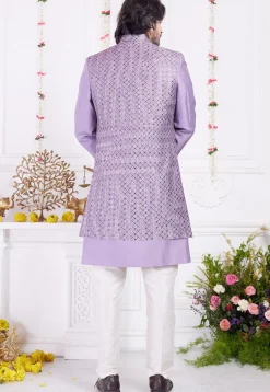 Embroidered Art Silk Sherwani in Purple