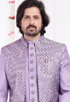 Embroidered Art Silk Sherwani in Purple
