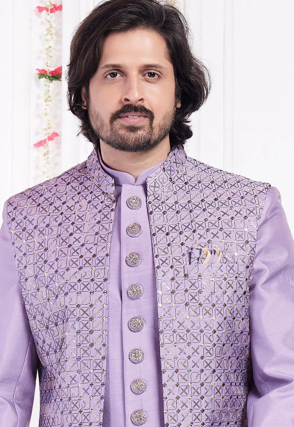 Embroidered Art Silk Sherwani in Purple