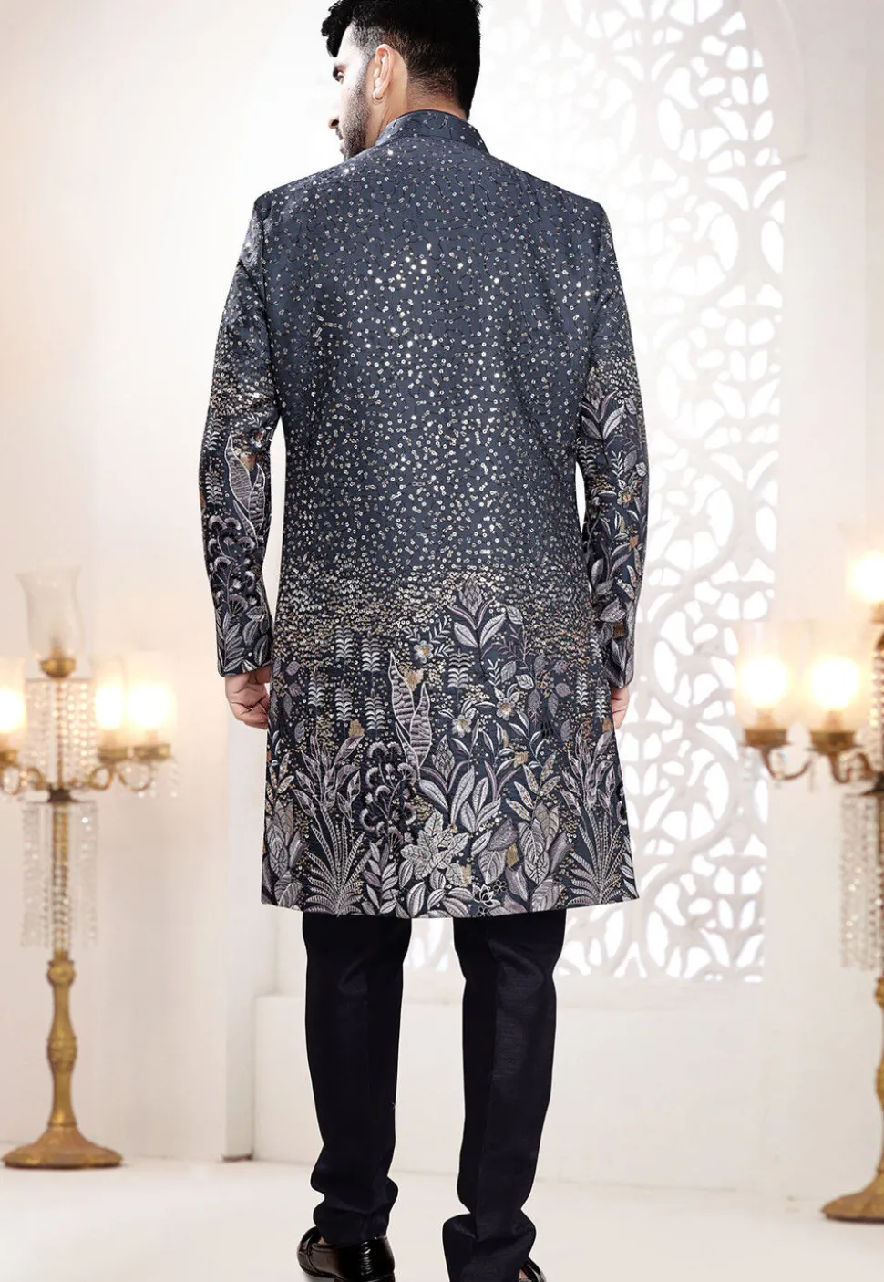 Embroidered Art Silk Sherwani in Navy Blue