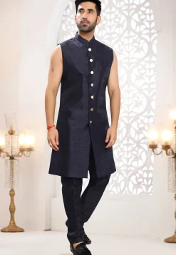 Embroidered Art Silk Sherwani in Navy Blue