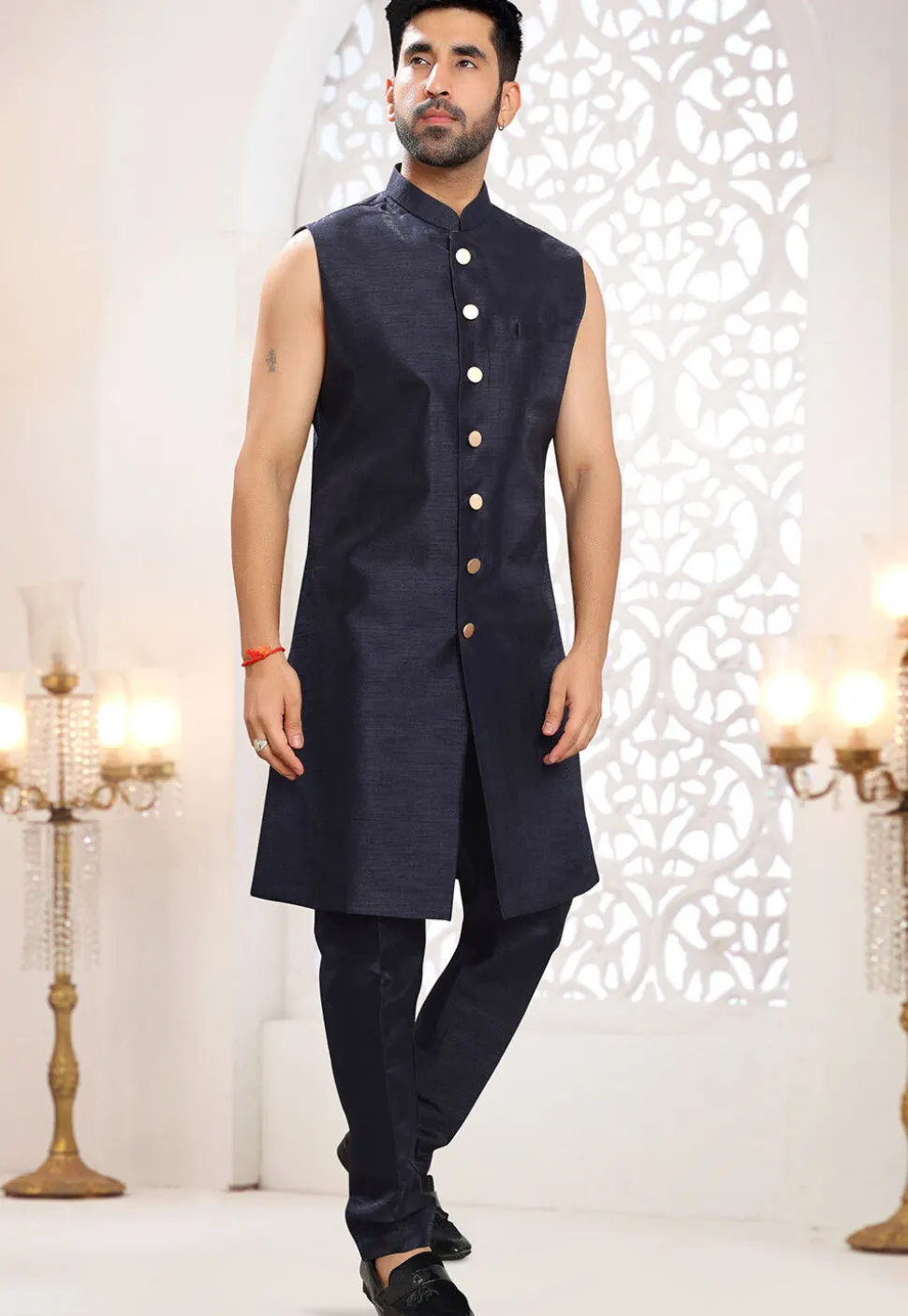 Embroidered Art Silk Sherwani in Navy Blue