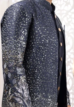 Embroidered Art Silk Sherwani in Navy Blue