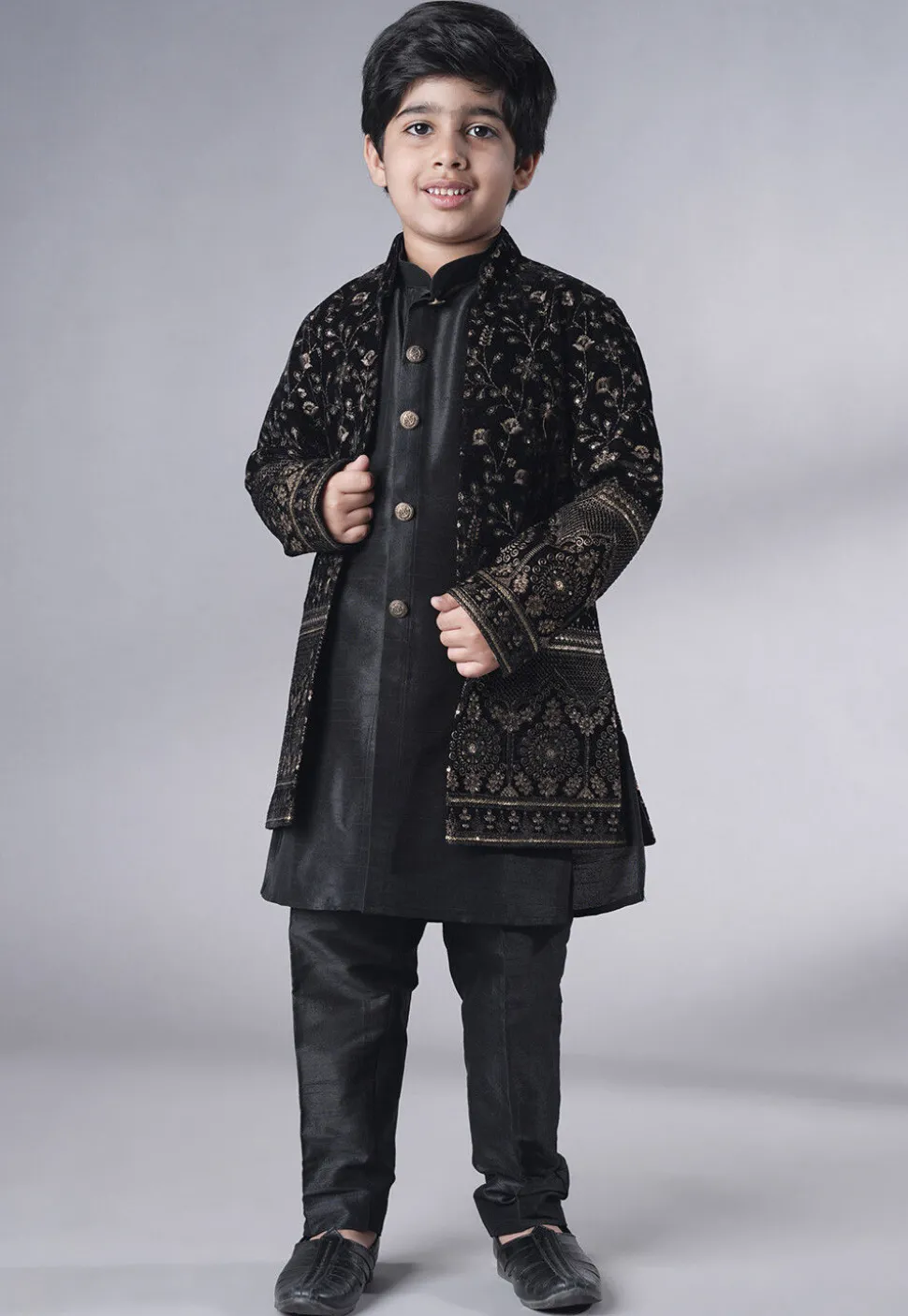 Embroidered Art Silk Sherwani Set in Black