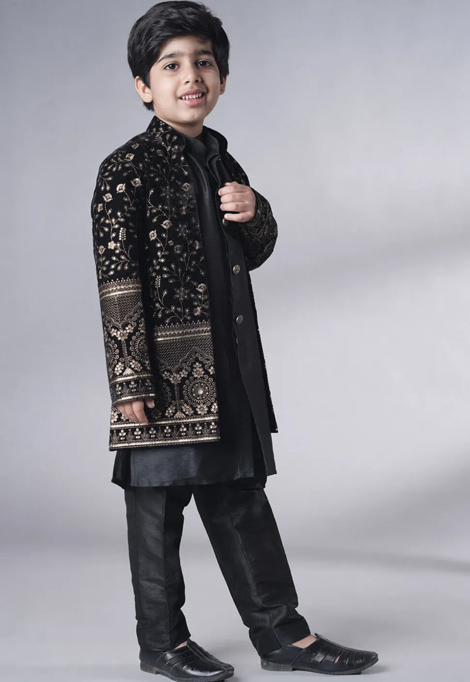 Embroidered Art Silk Sherwani Set in Black