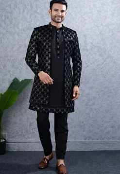 Embroidered Art Silk Sherwani in Black