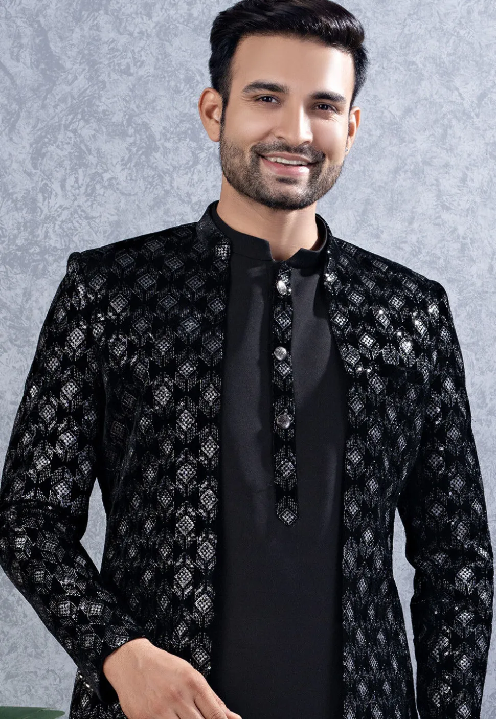 Embroidered Art Silk Sherwani in Black