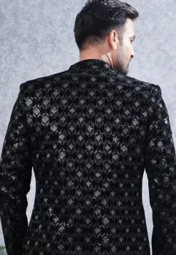 Embroidered Art Silk Sherwani in Black