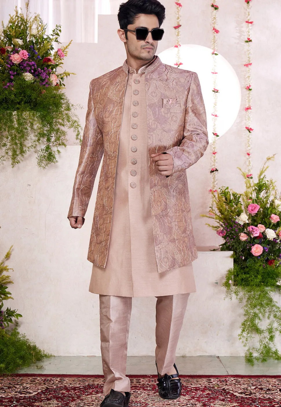 Embroidered Art Silk Sherwani in Peach