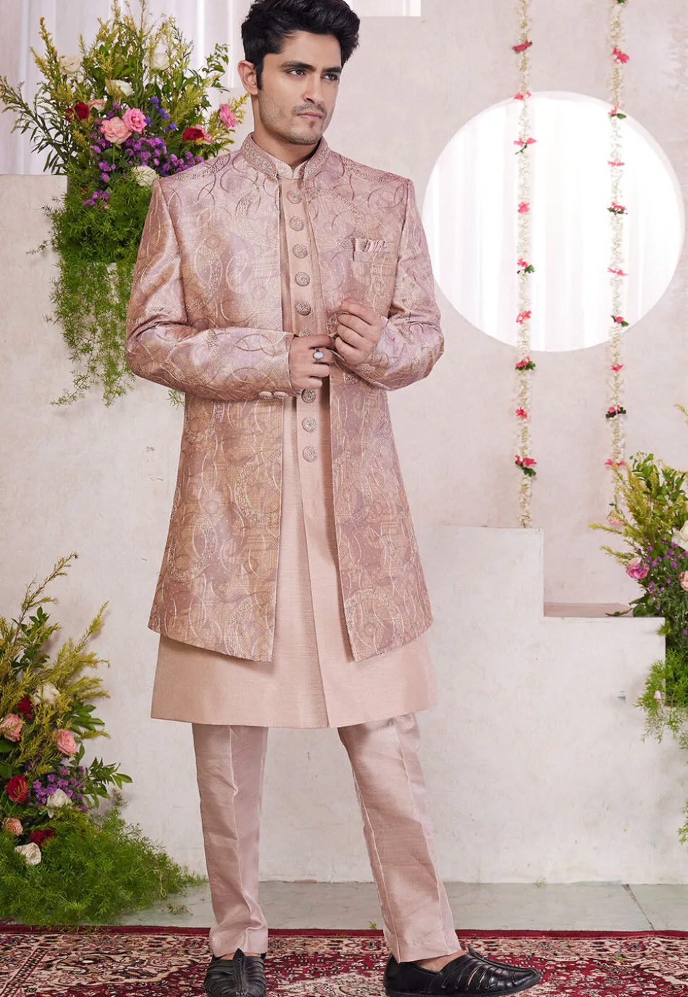 Embroidered Art Silk Sherwani in Peach