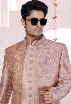 Embroidered Art Silk Sherwani in Peach