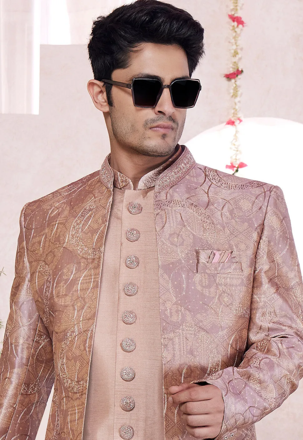 Embroidered Art Silk Sherwani in Peach