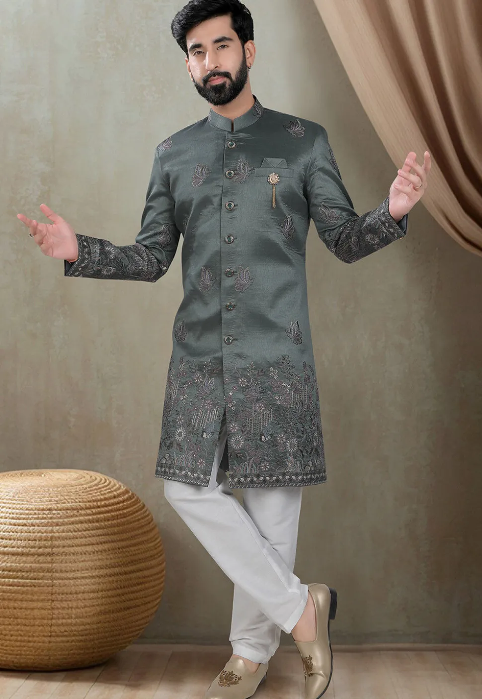Embroidered Art Silk Sherwani in Dusty Green
