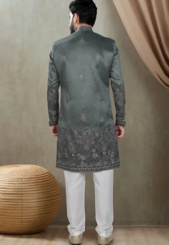 Embroidered Art Silk Sherwani in Dusty Green