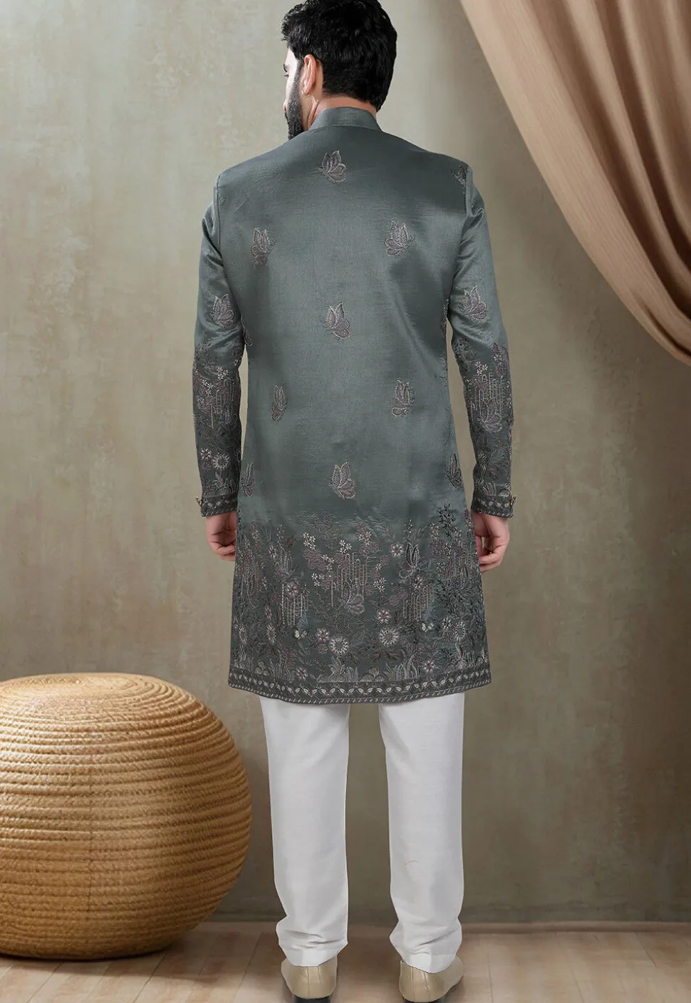 Embroidered Art Silk Sherwani in Dusty Green