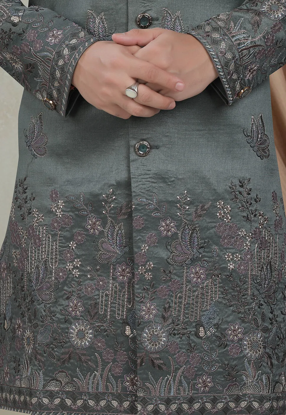 Embroidered Art Silk Sherwani in Dusty Green