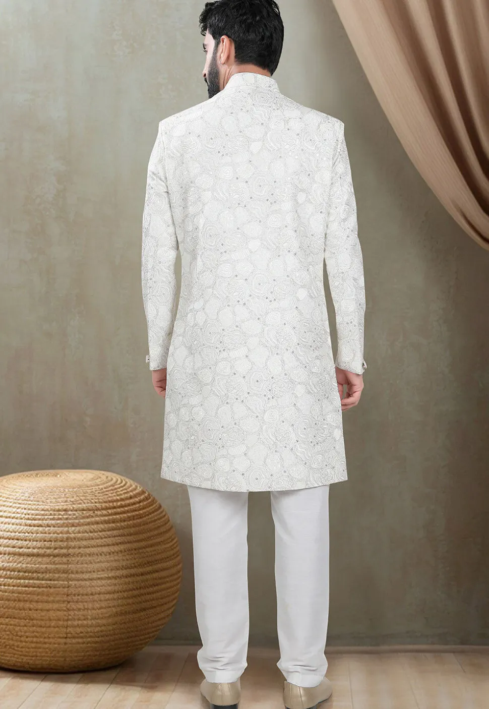 Embroidered Art Silk Sherwani in Off White