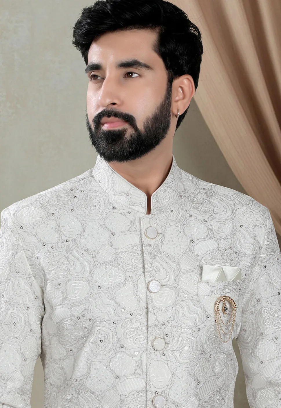 Embroidered Art Silk Sherwani in Off White