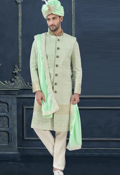 Embroidered Art Silk Sherwani in Light Green