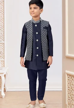 Embroidered Art Silk Sherwani in Navy Blue