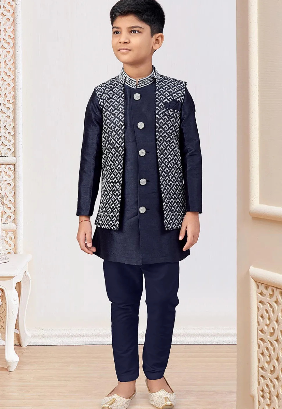 Embroidered Art Silk Sherwani in Navy Blue