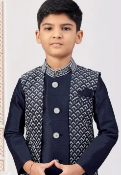 Embroidered Art Silk Sherwani in Navy Blue