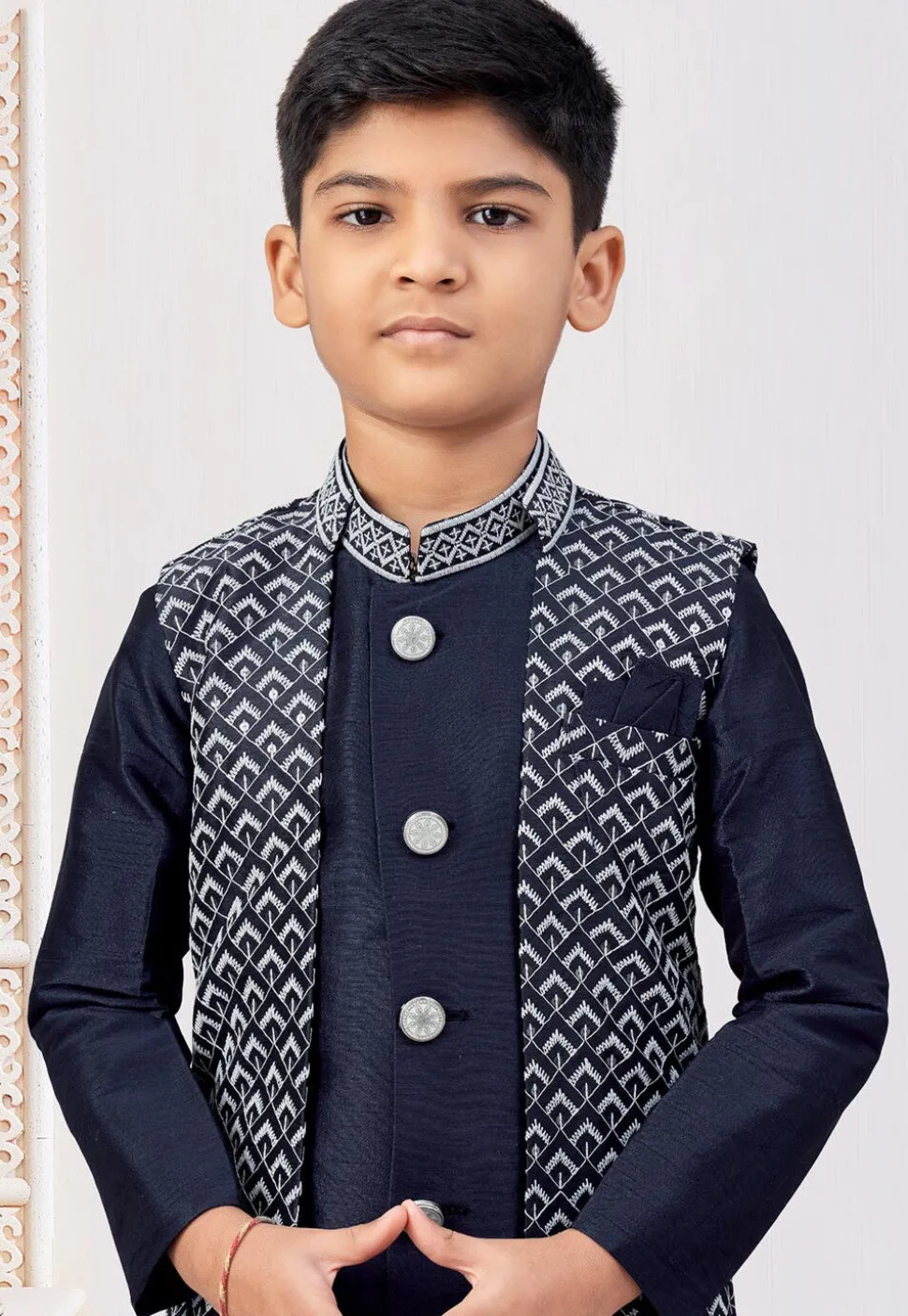 Embroidered Art Silk Sherwani in Navy Blue
