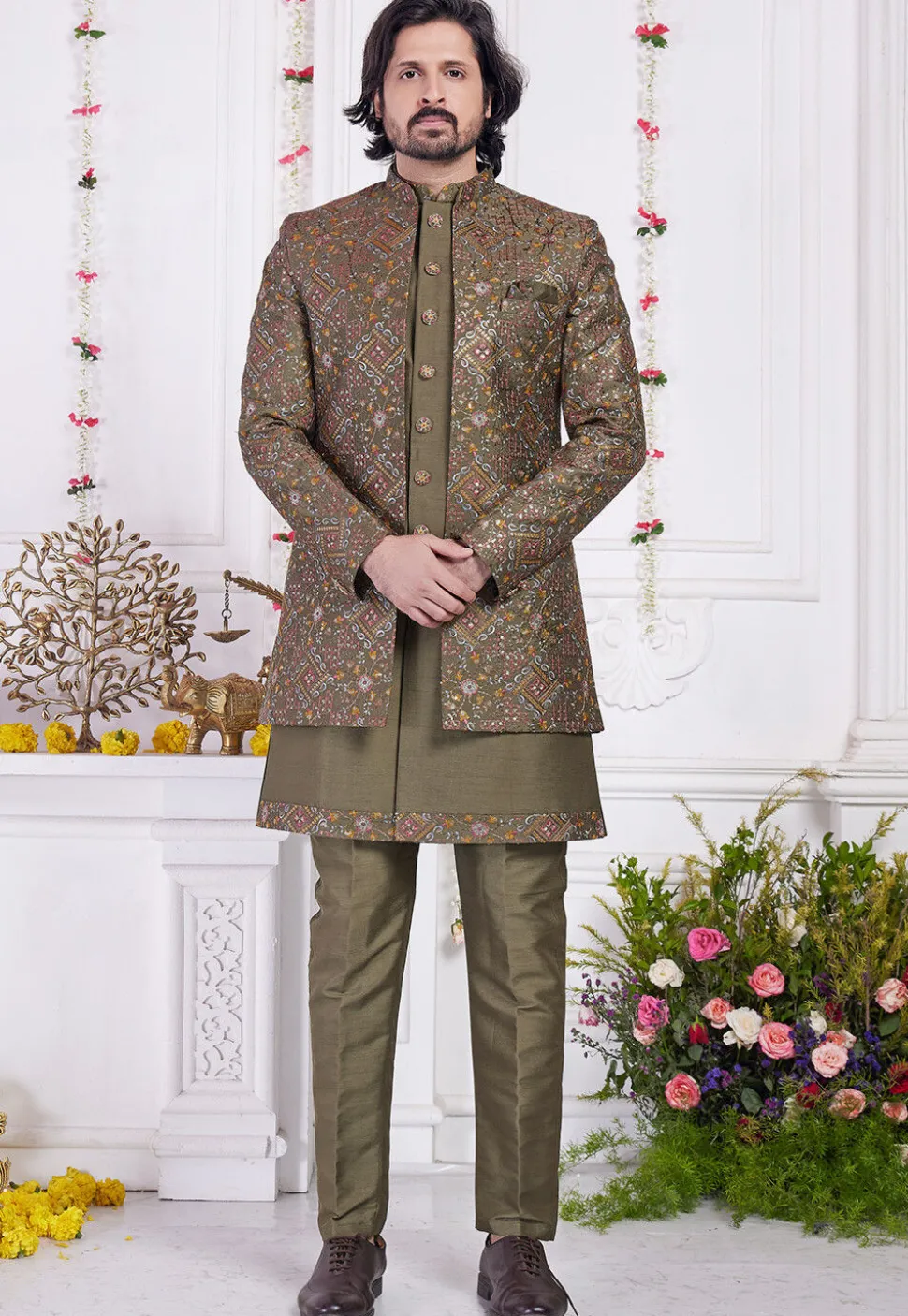 Embroidered Art Silk Sherwani in Dark Olive Green