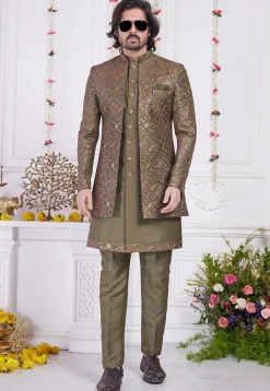 Embroidered Art Silk Sherwani in Dark Olive Green