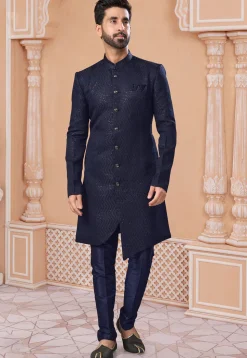 Embroidered Art Silk Sherwani in Navy Blue